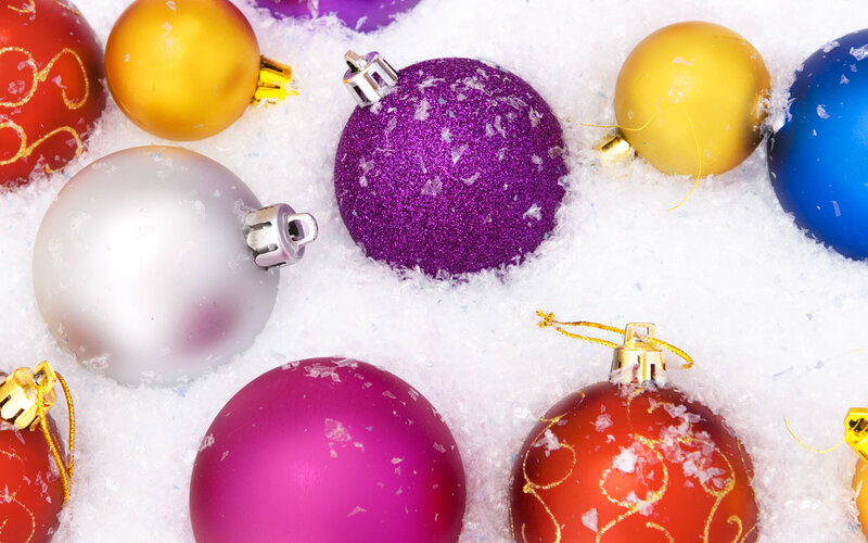 Colorful Ornaments in Snow — White, Festive