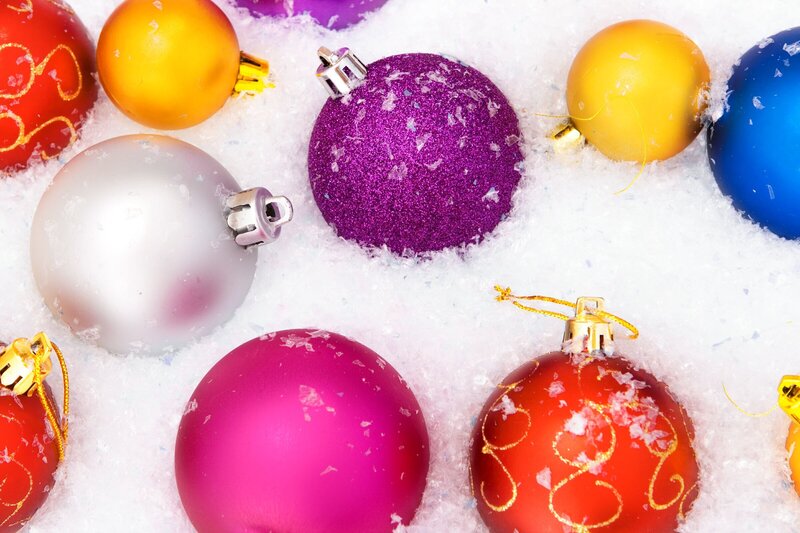 Colorful Ornaments in Snow — White