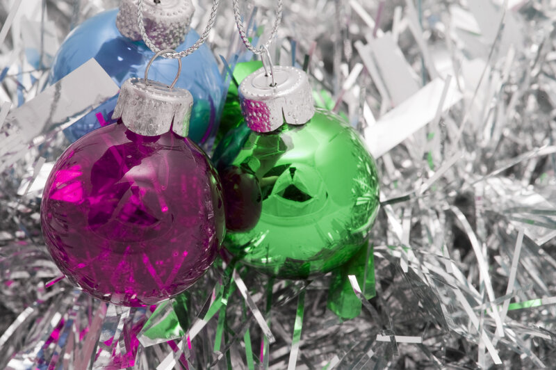 Colorful Ornaments on Tinsel — Purple