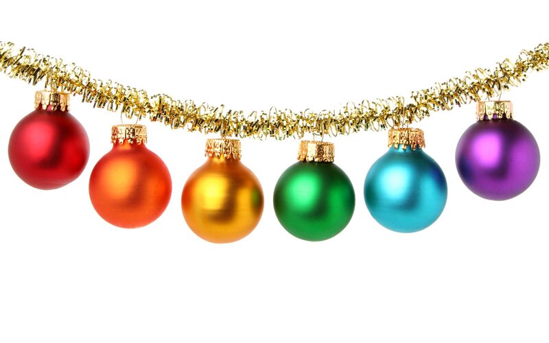 Colorful Ornaments on Tinsel — Red