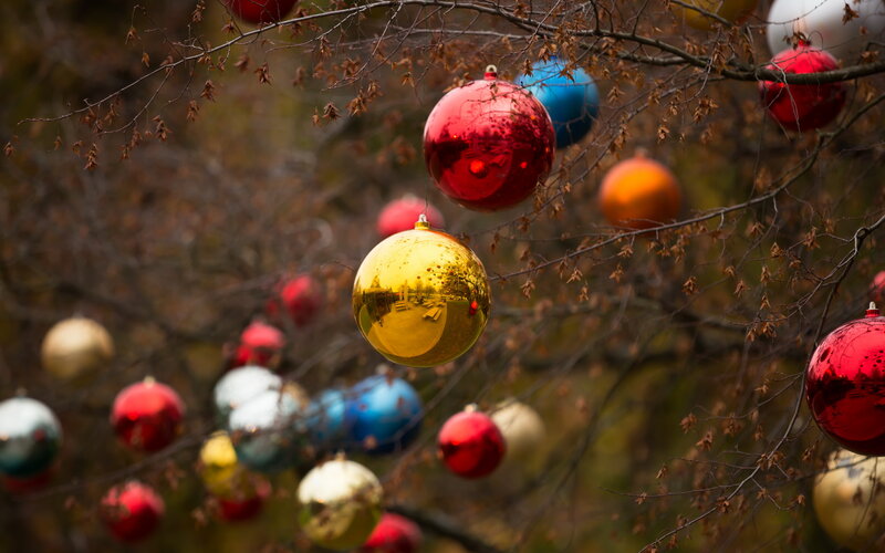 Colorful Ornaments on Tree — Red, Festive