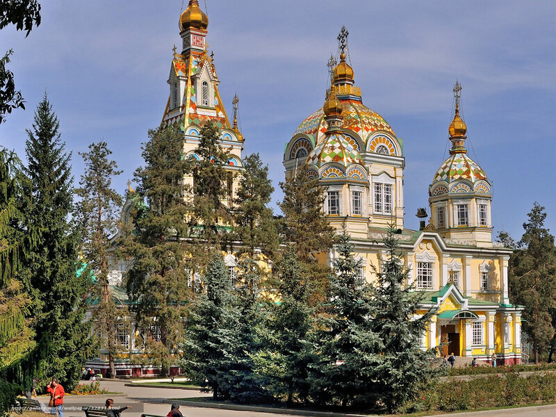 Colorful Orthodox church in park