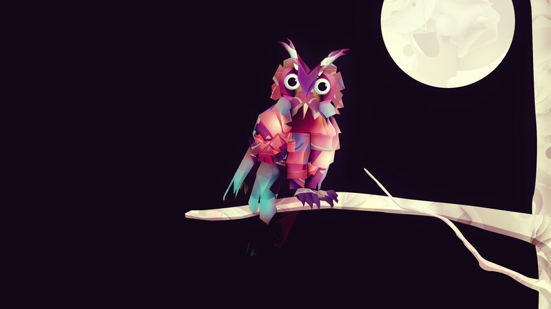 Colorful Owl on Branch — Purple, Serene