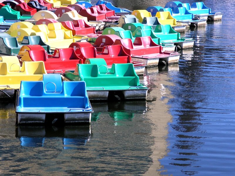 Colorful paddle boats at a lake