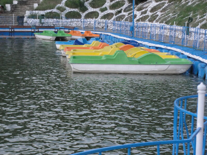 Colorful paddle boats at a lake