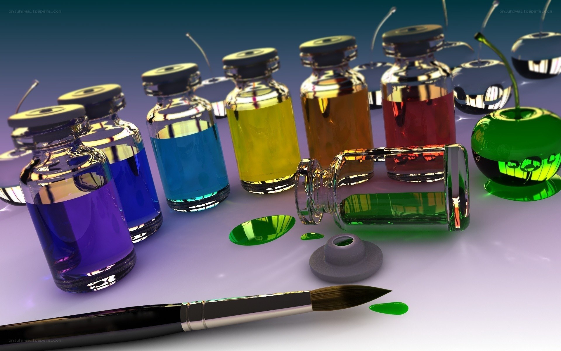Colorful paint bottles and brush