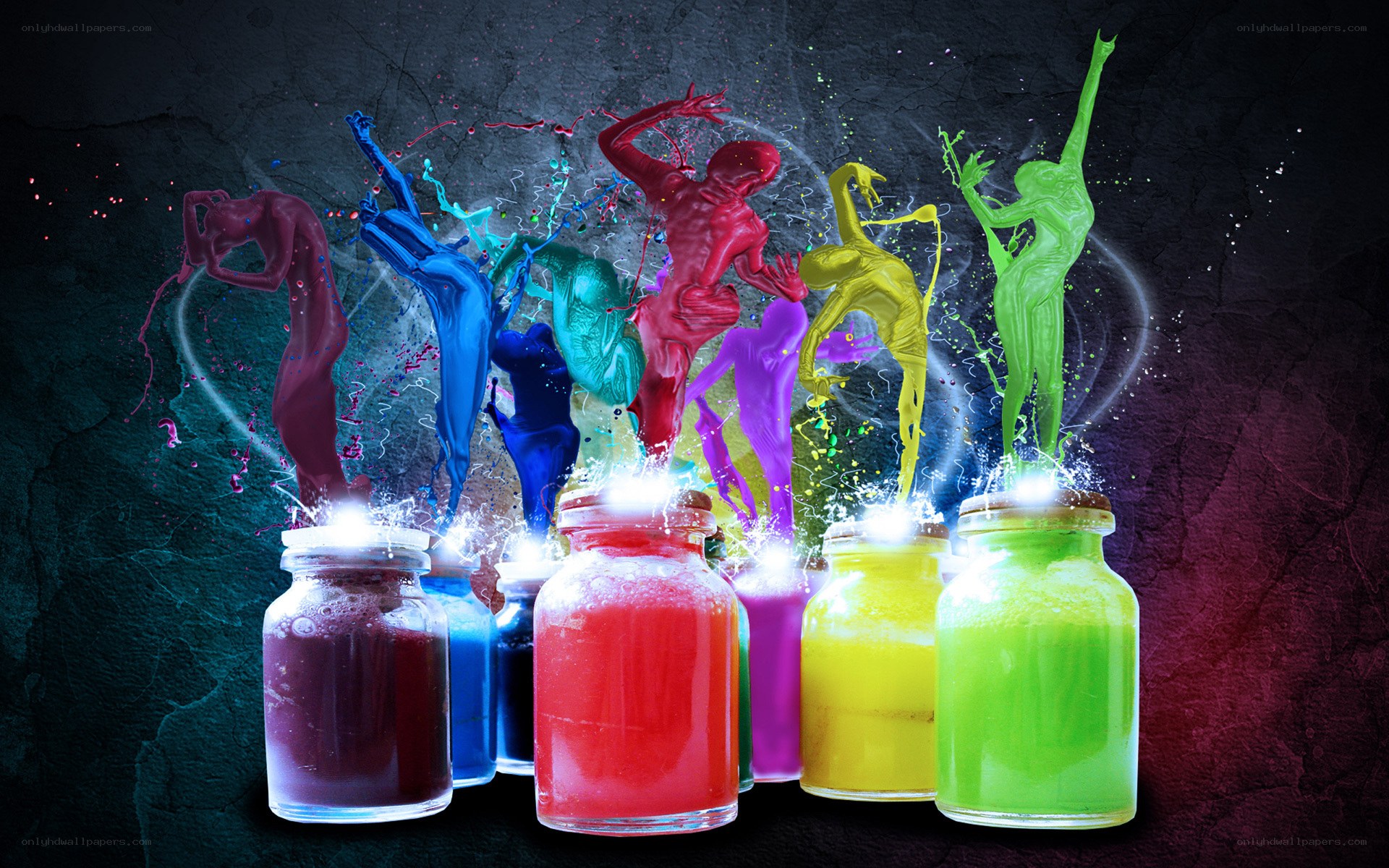 Colorful paint bottles with figures