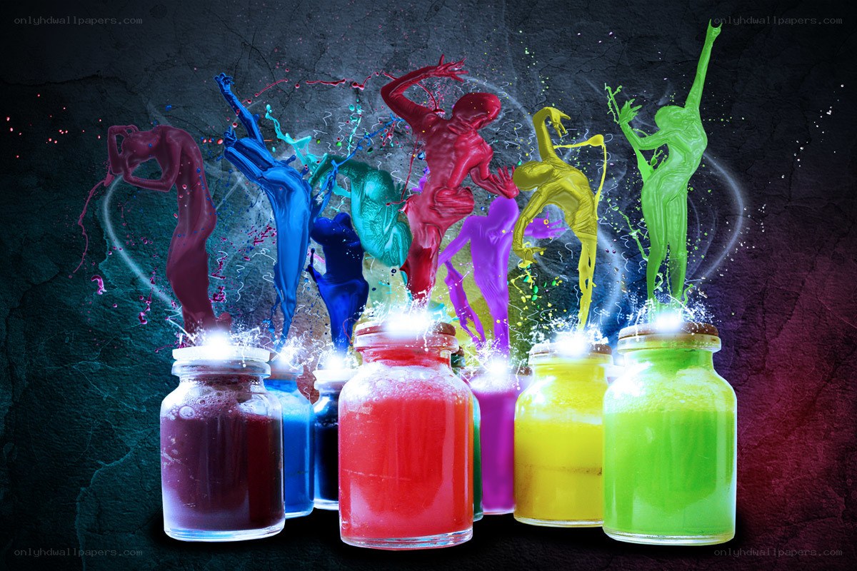 Colorful paint bottles with figures