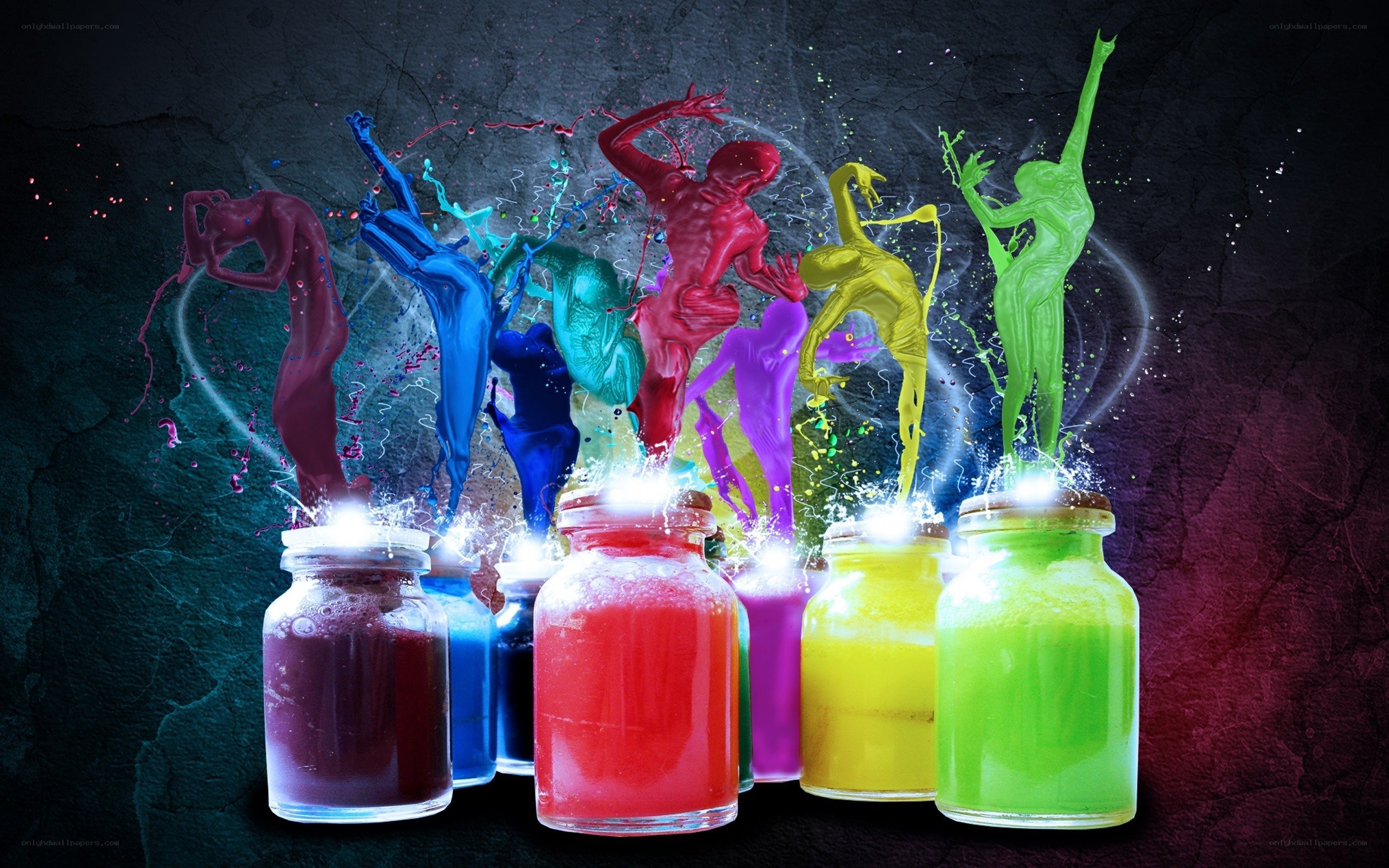 Colorful paint bottles with figures