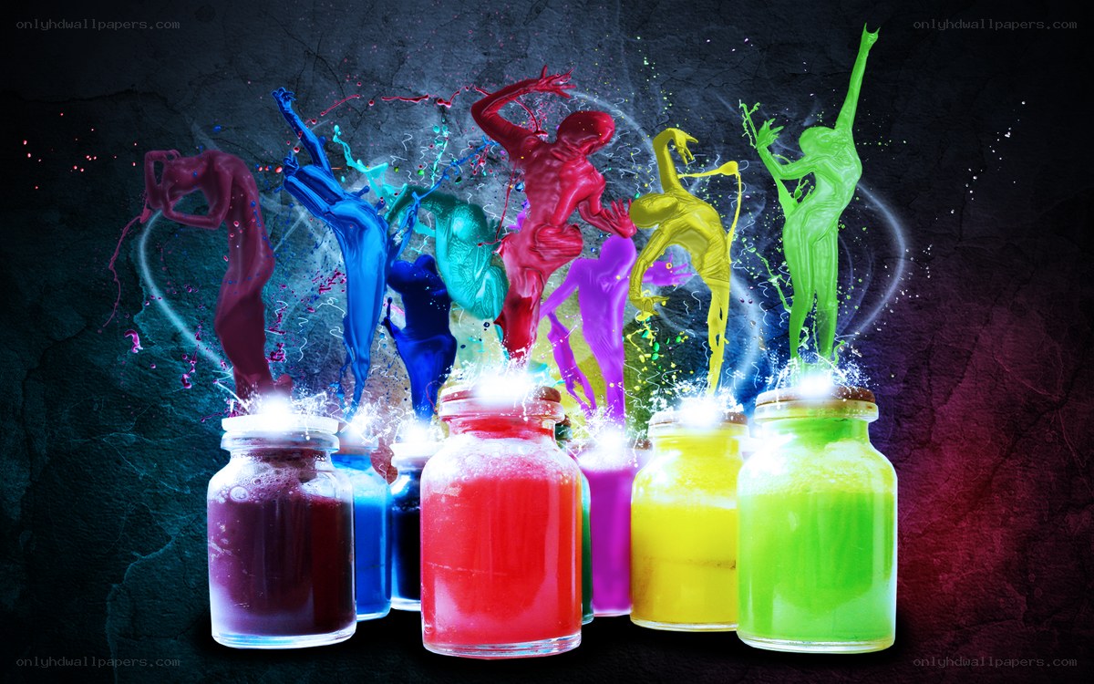 Colorful paint bottles with figures