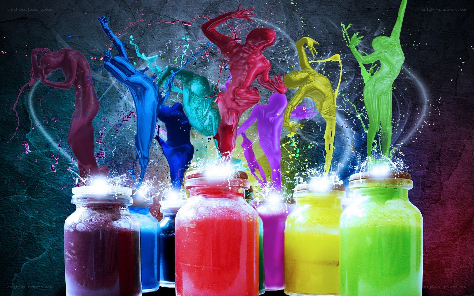 Colorful paint bottles with figures