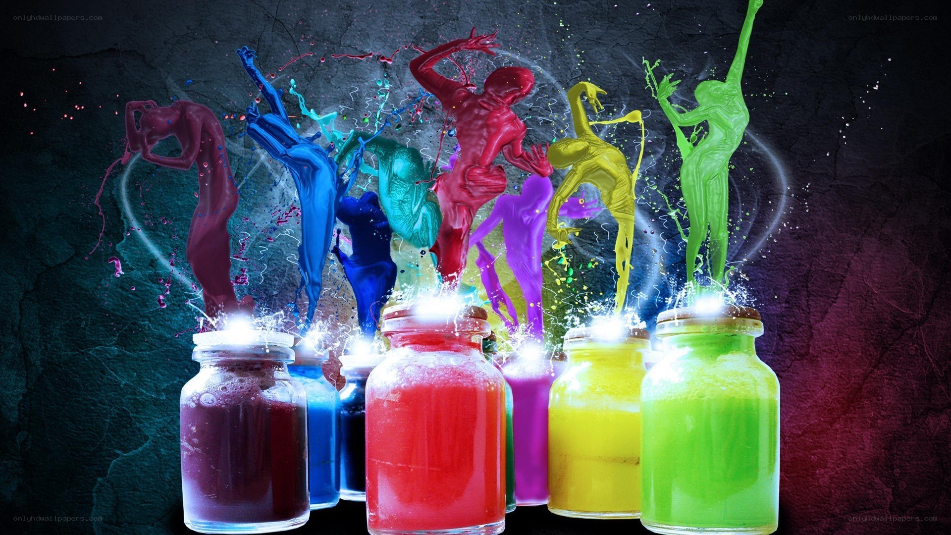 Colorful paint figures in jars