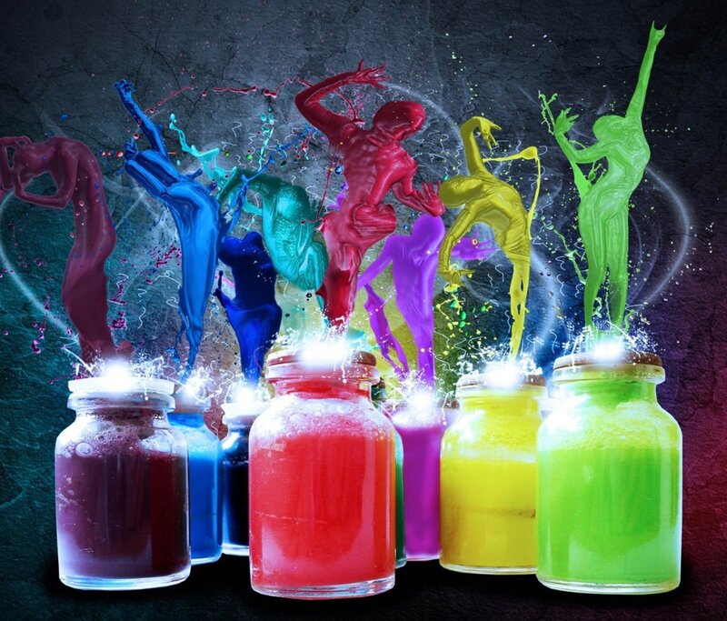 Colorful Paint Figures — Red, Dynamic, Digital Art, Bottles, Splashes, Blue