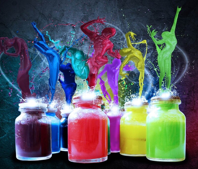 Colorful Paint Figures — Red, Dynamic, Digital Art, Bottles