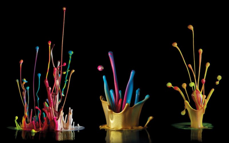 Colorful Paint Splashes — Black, Dramatic, Photograph, Liquid, Reflection, Gold