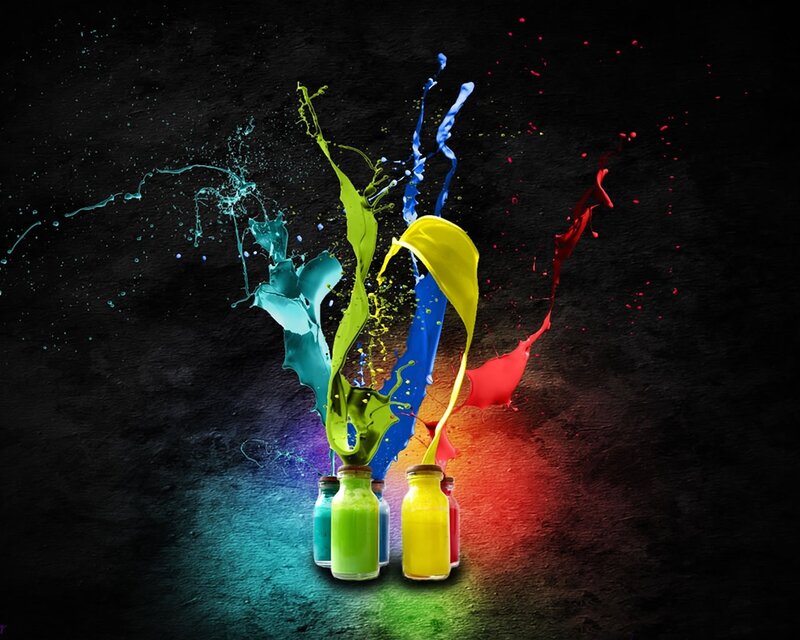 Colorful Paint Splashes — Black, Dynamic, Digital Art, Bottles, Dark Background