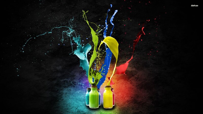 Colorful Paint Splashes — Black, Dynamic, Digital Art, Bottles