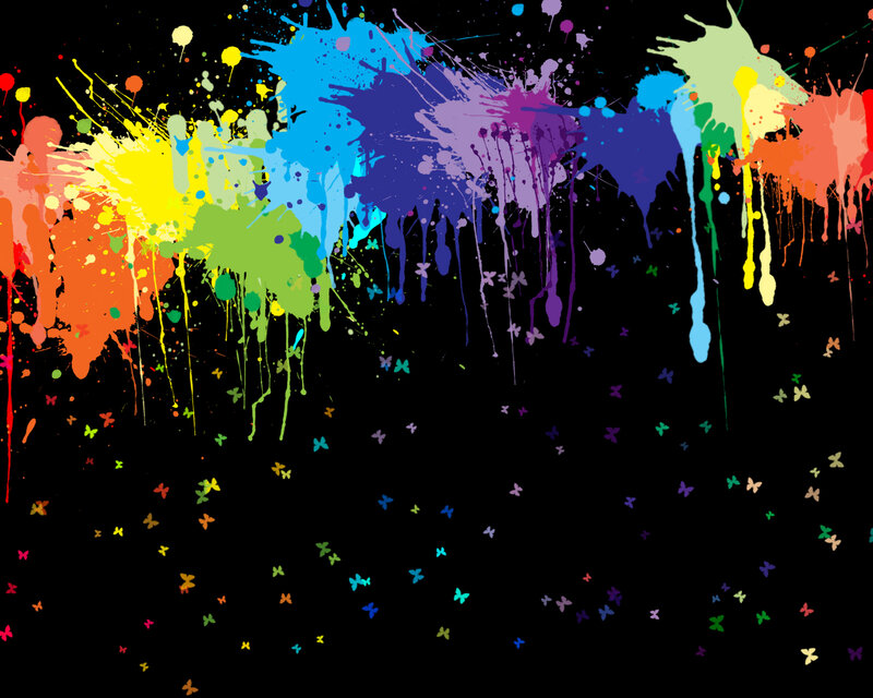 Colorful Paint Splatters — Black, Vibrant, Abstract, Butterflies