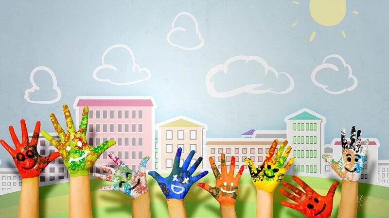 Colorful Painted Hands — Blue, Playful