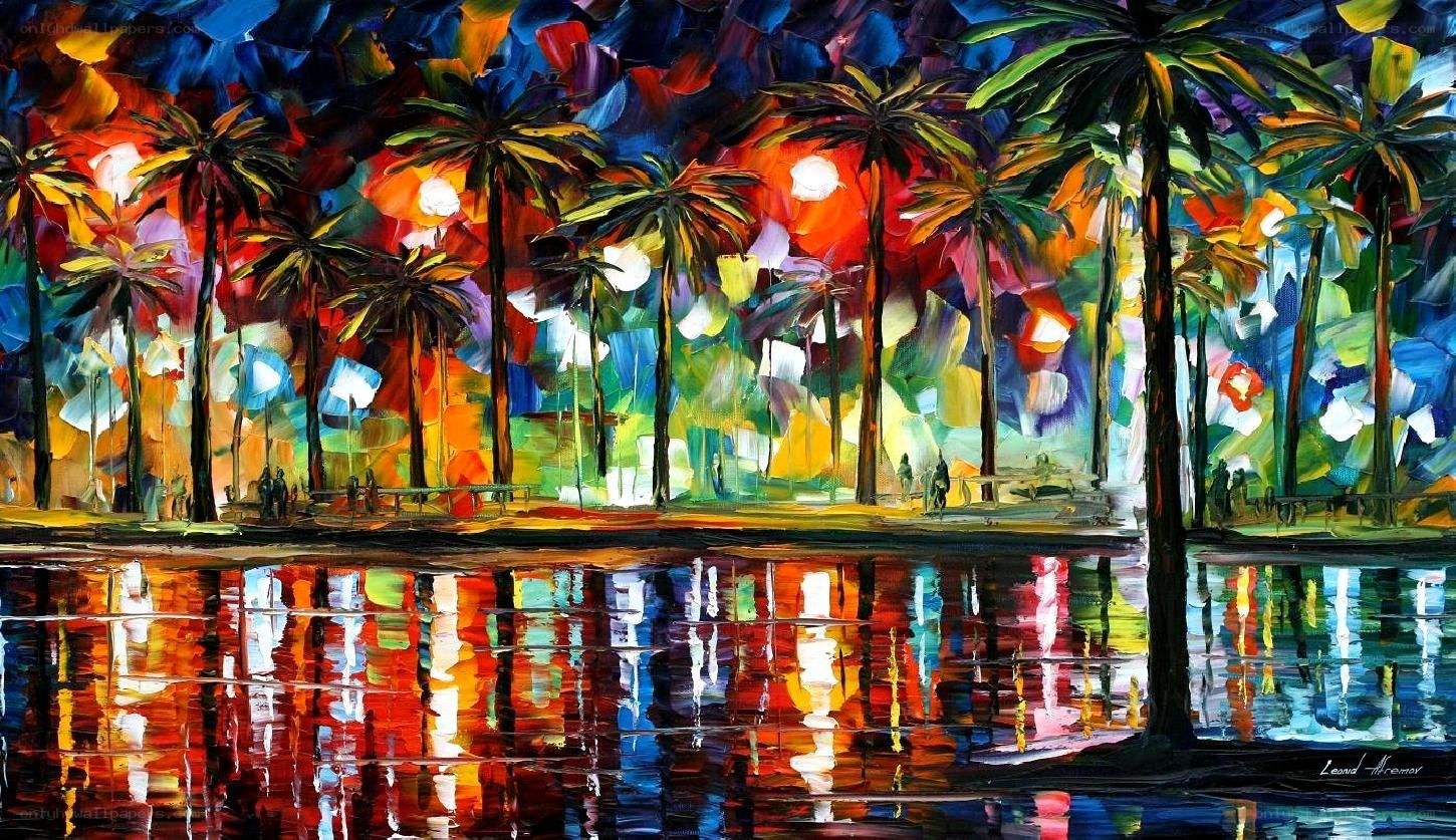 Colorful palm trees at night