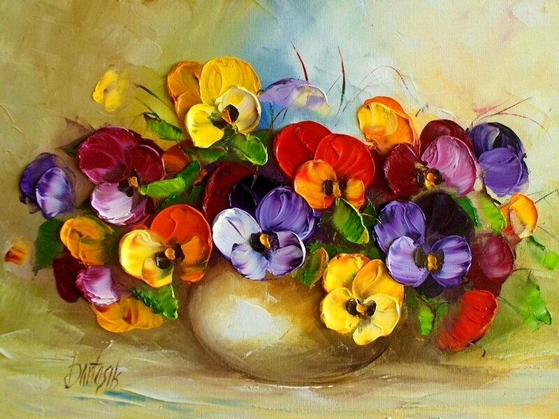 Colorful Pansies in Vase