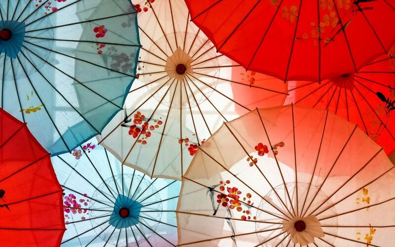 Colorful Paper Umbrellas — Red, Festive, Photograph