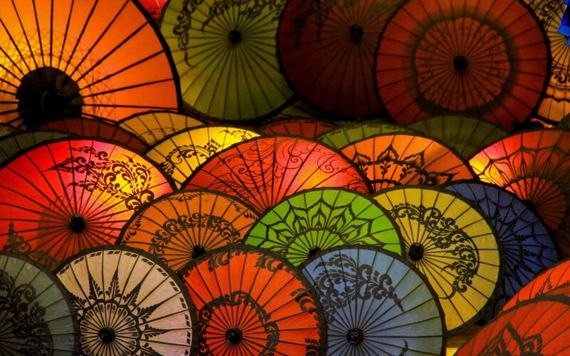 Colorful Paper Umbrellas — Red, Vibrant, Night