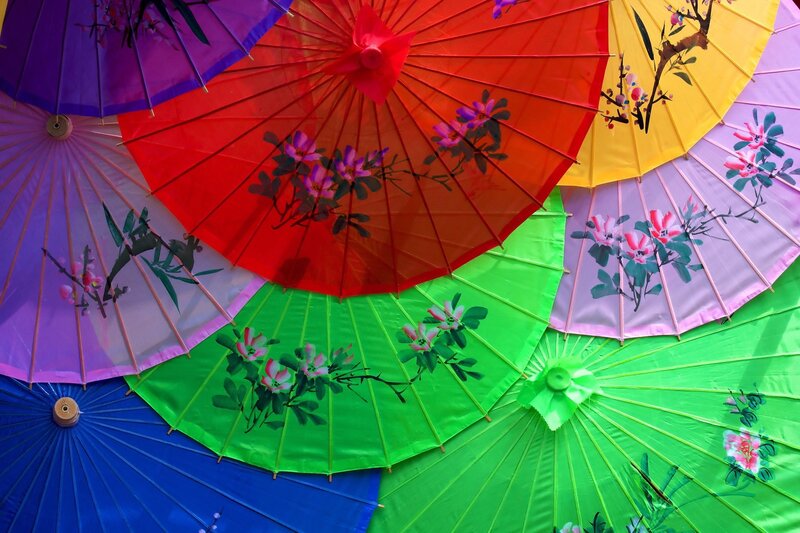 Colorful Paper Umbrellas — Red, Vibrant, Photograph, Flowers