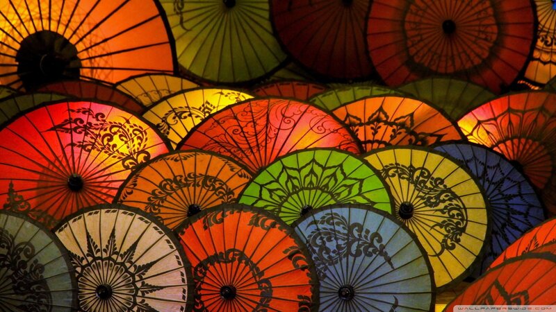 Colorful Paper Umbrellas — Red, Vibrant, Photograph