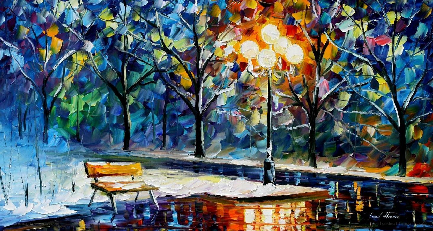 Colorful park bench at night