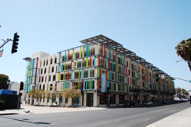 Colorful parking garage on a sunny day