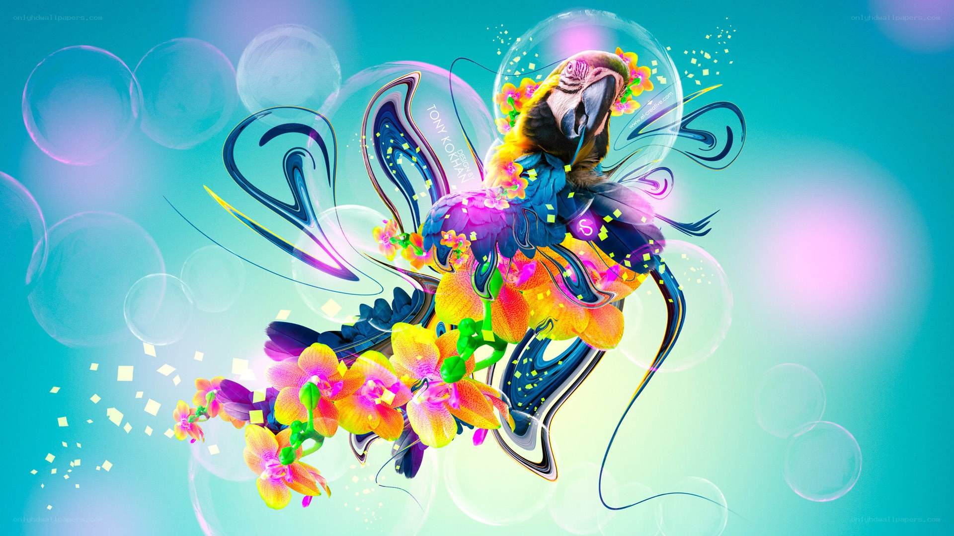 Colorful parrot with flowers
