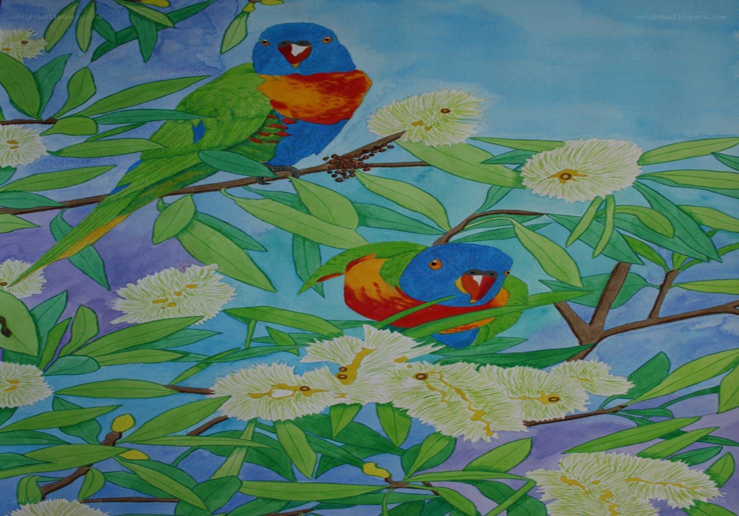 Colorful parrots in a flowering tree