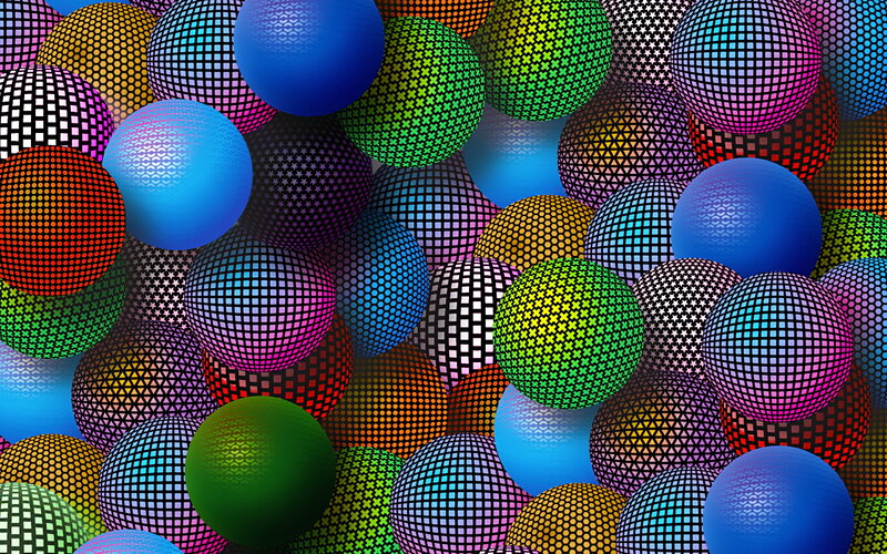 Colorful Patterned Spheres — Blue, Vibrant, Digital Art, Patterns, Grid