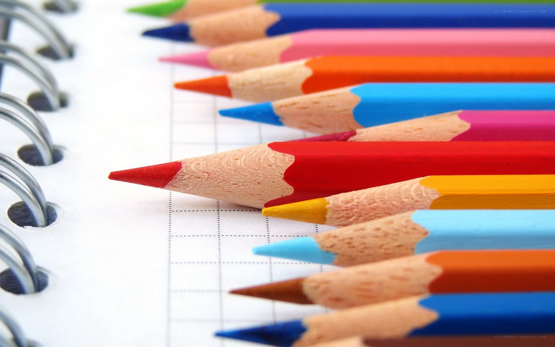 Colorful pencils on notebook paper