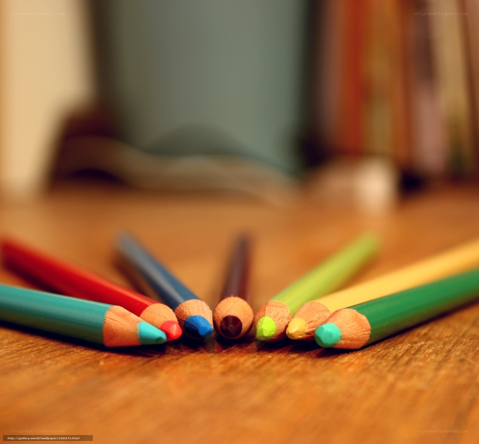 Colorful pencils on wooden table