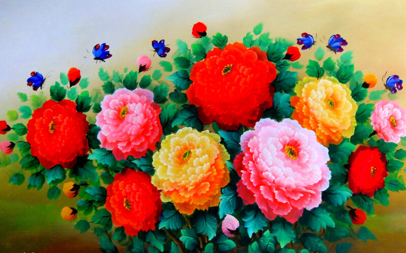 Colorful Peonies and Butterflies