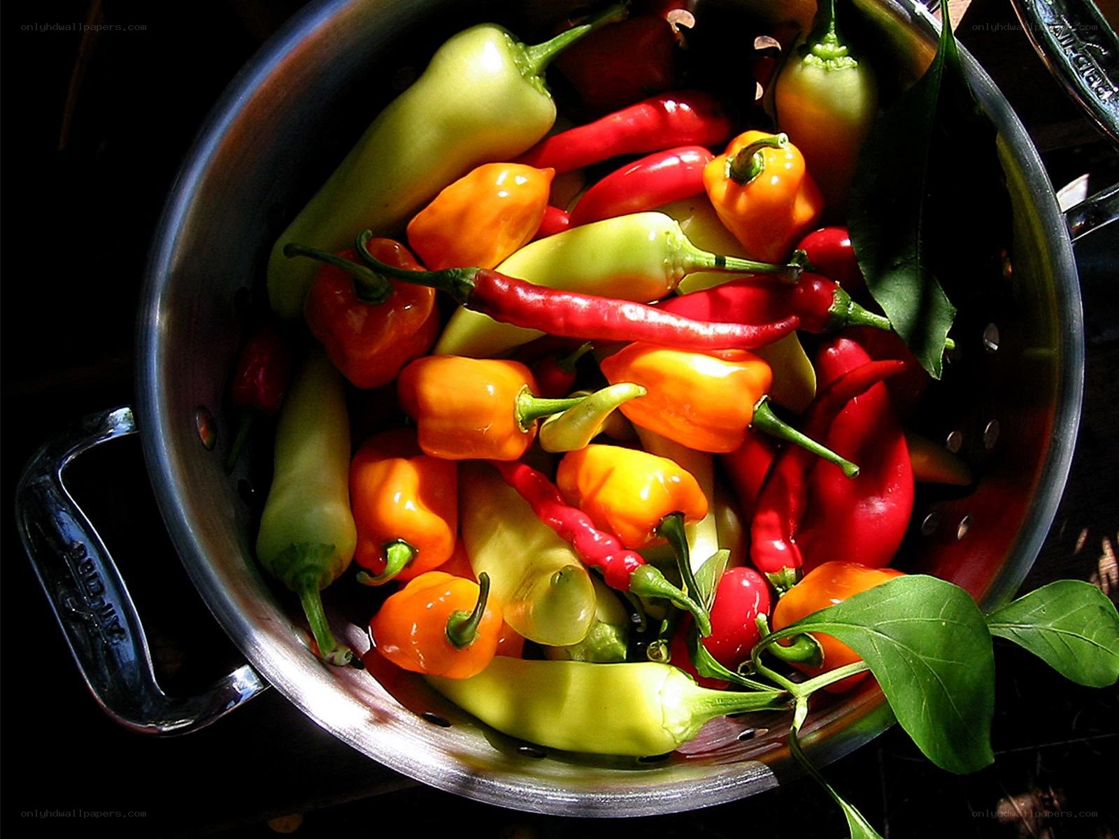 Colorful peppers in a colander