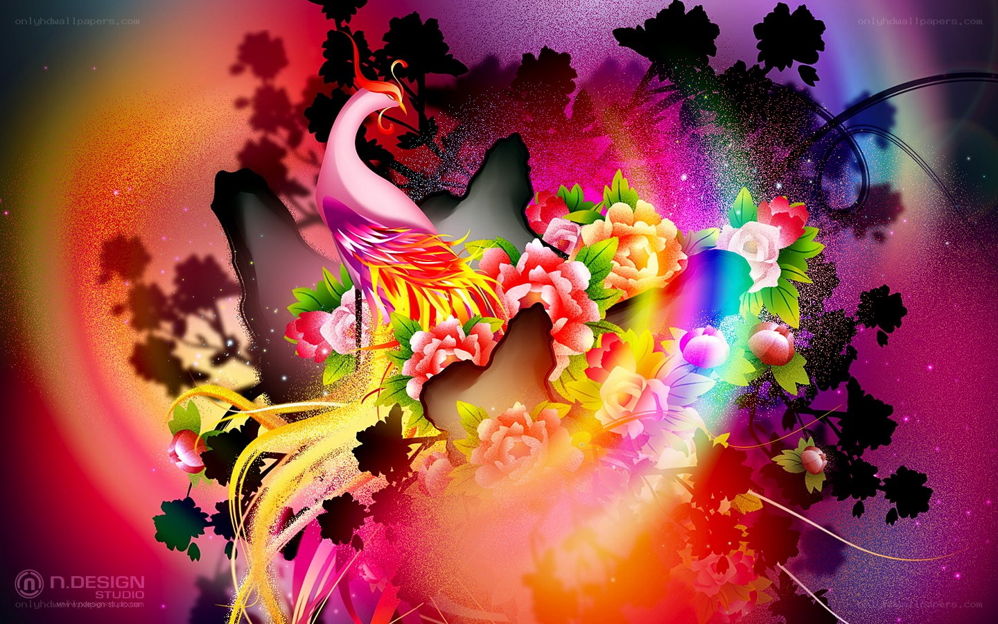 Colorful phoenix and flowers