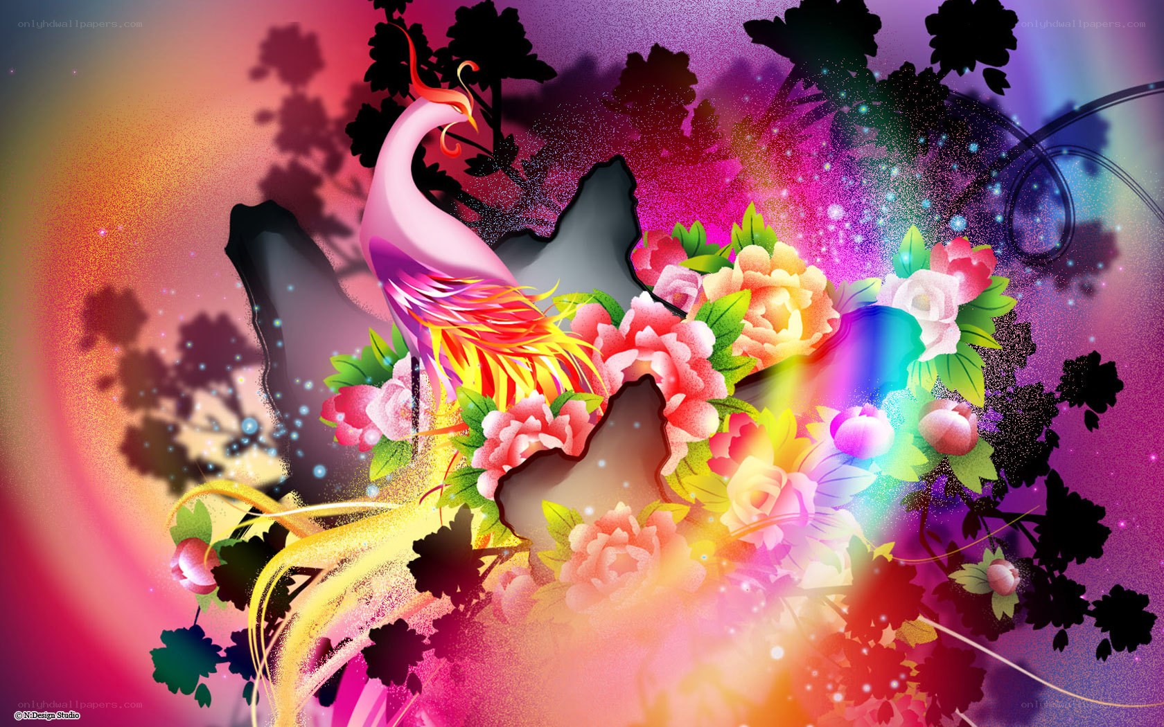 Colorful phoenix and flowers