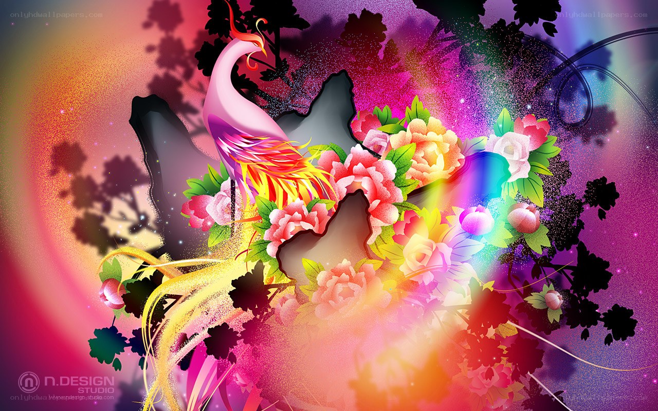 Colorful phoenix and flowers