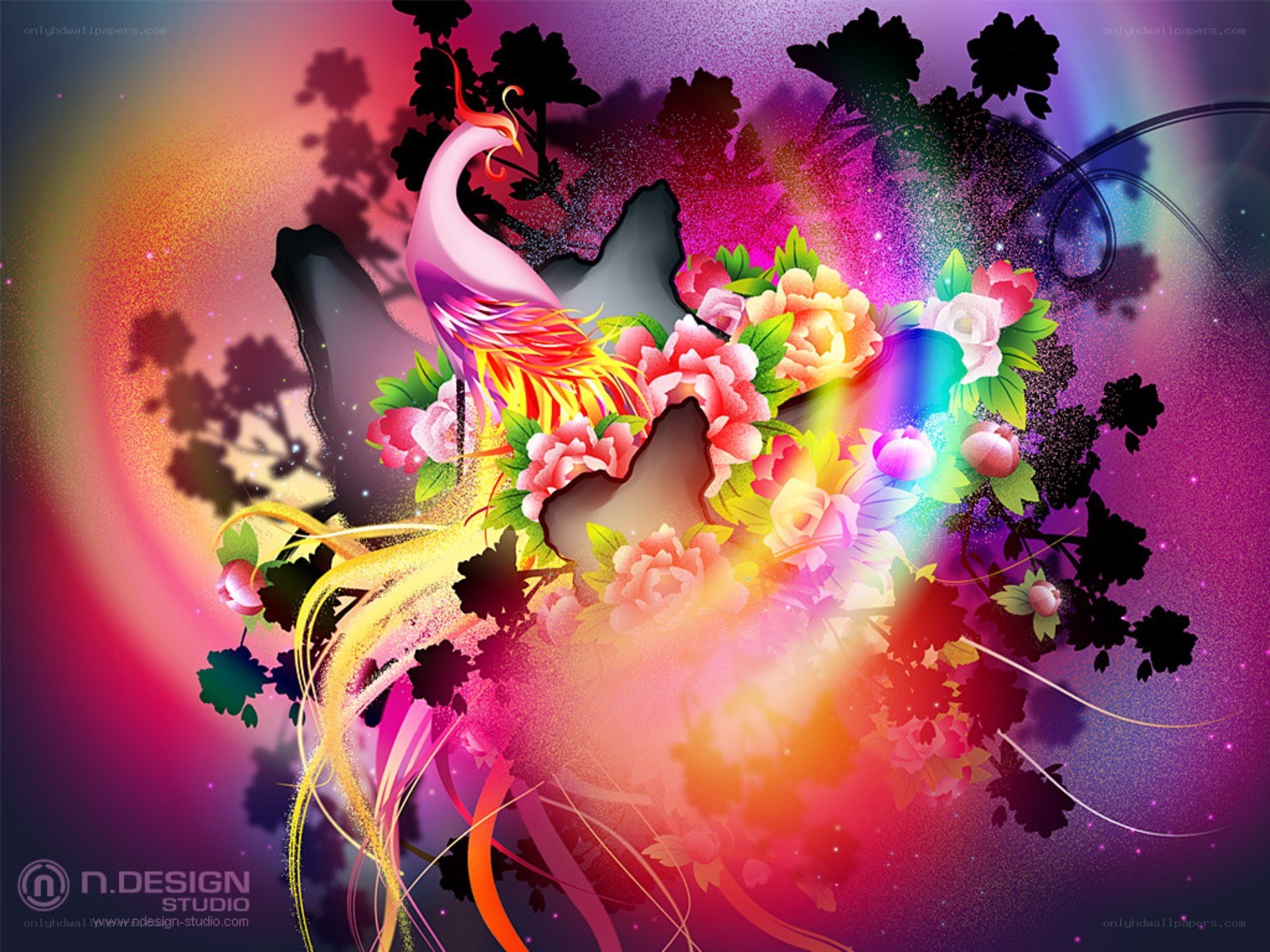 Colorful phoenix and flowers