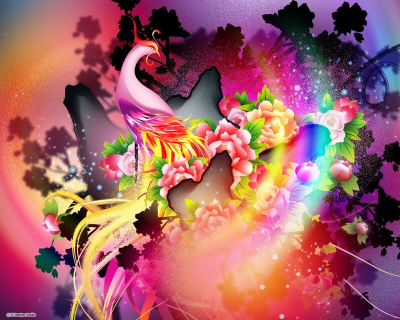 Colorful phoenix and flowers