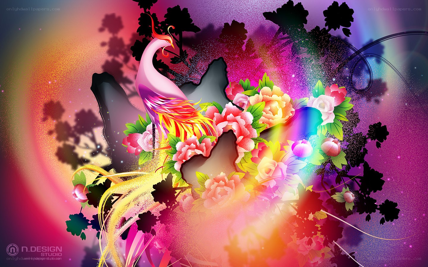 Colorful phoenix and flowers