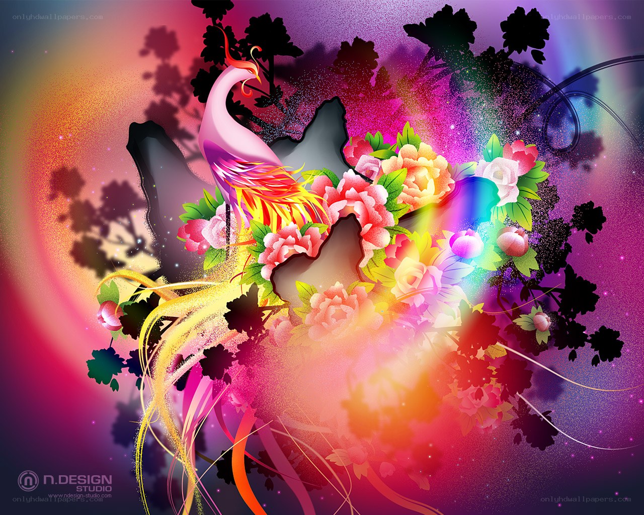 Colorful phoenix and flowers