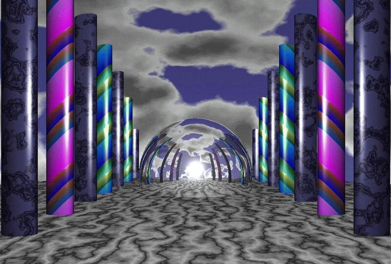 colorful pillars in a surreal landscape