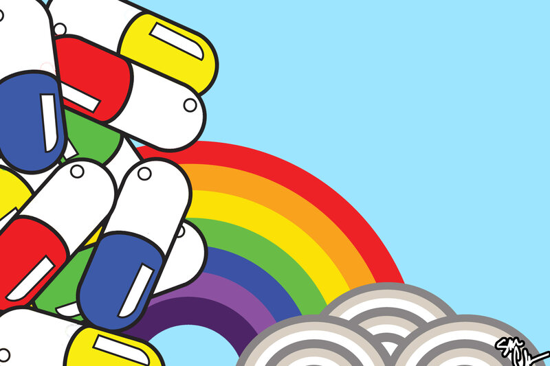 colorful pills and rainbow