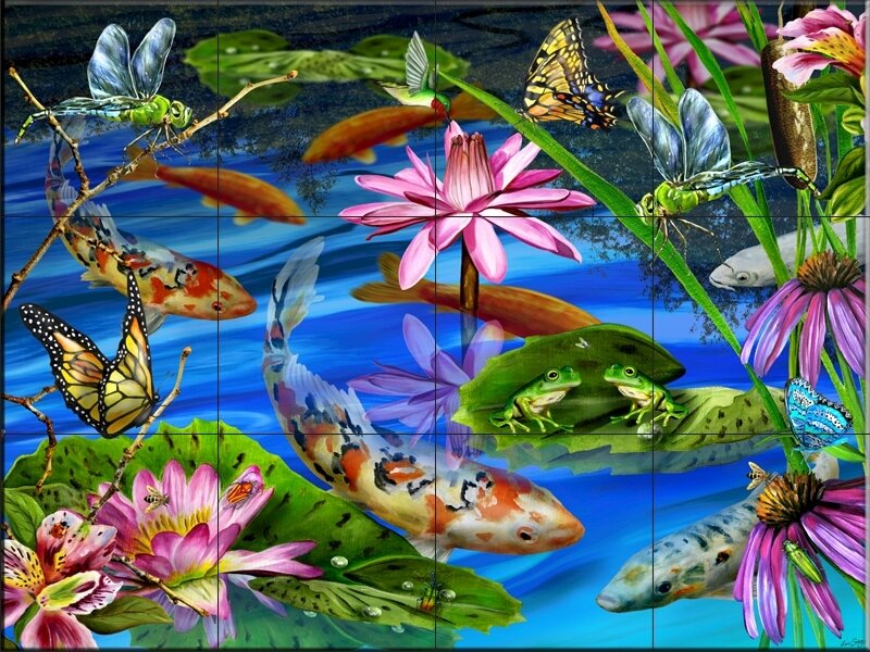 Colorful pond life scene