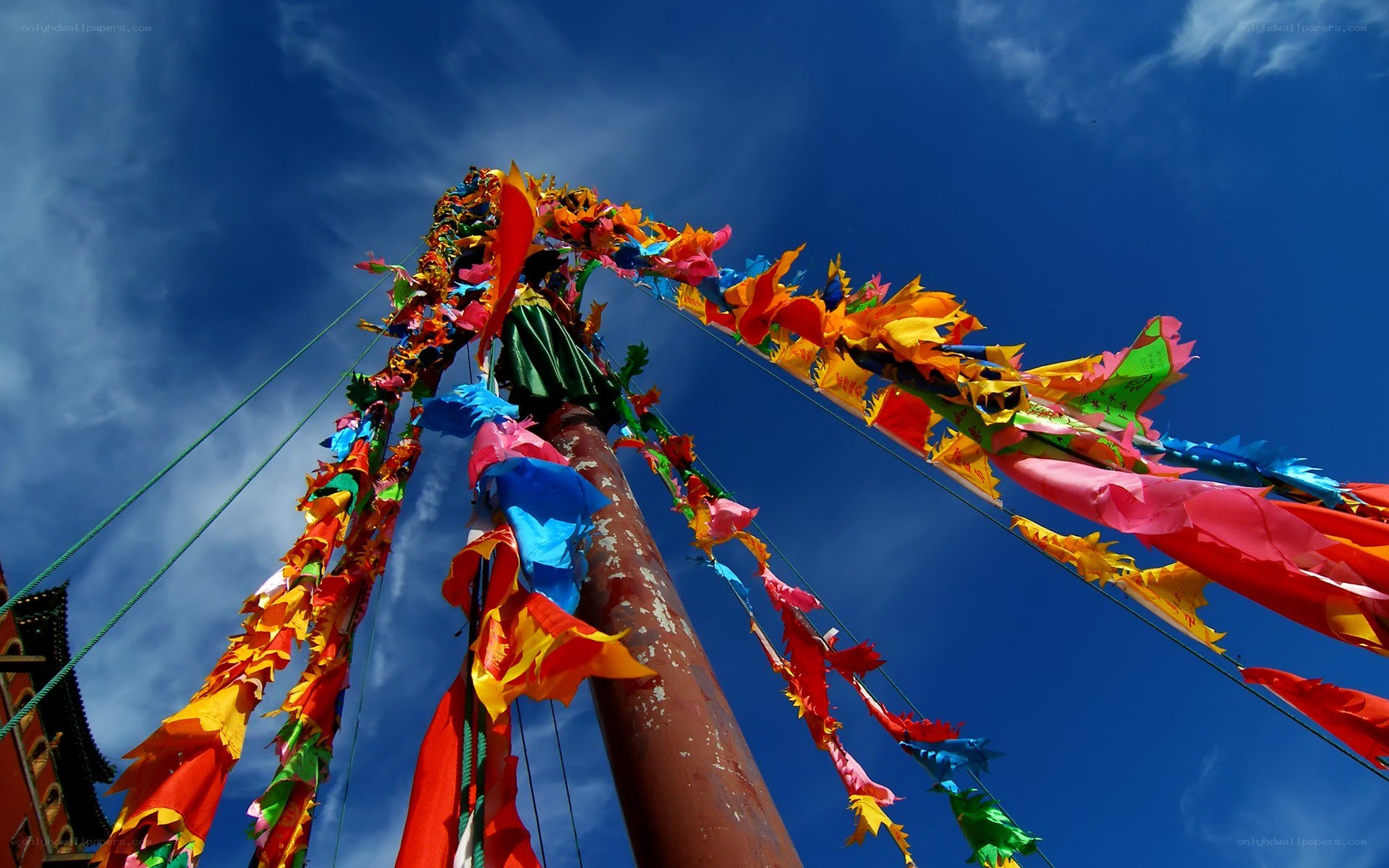 Colorful prayer flags on a pole