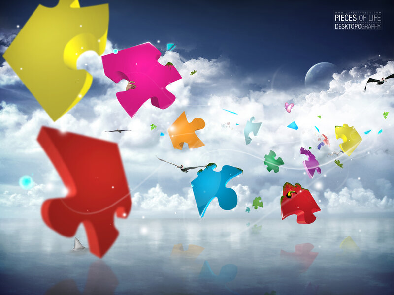 Colorful puzzle pieces in sky